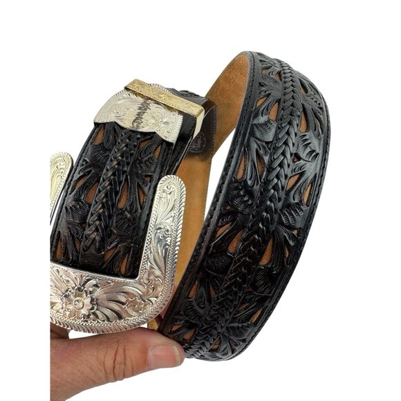 *Montana Silversmiths Tony Lama Tooled Leather Western Belt Mens 40 Black Brown - Picture 2 of 16